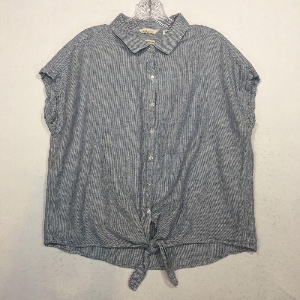 Weatherproof  L Blue Pinstripe Front Tie Linen Blend Button-Up Top Boxy Beach